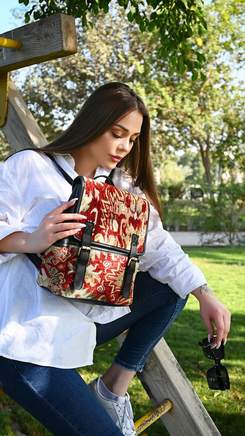 Small Backpack Red Carpet with Black Leather